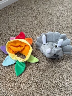 Plush Rainbow Flower & Gray Triceratops Dog Hat Set
